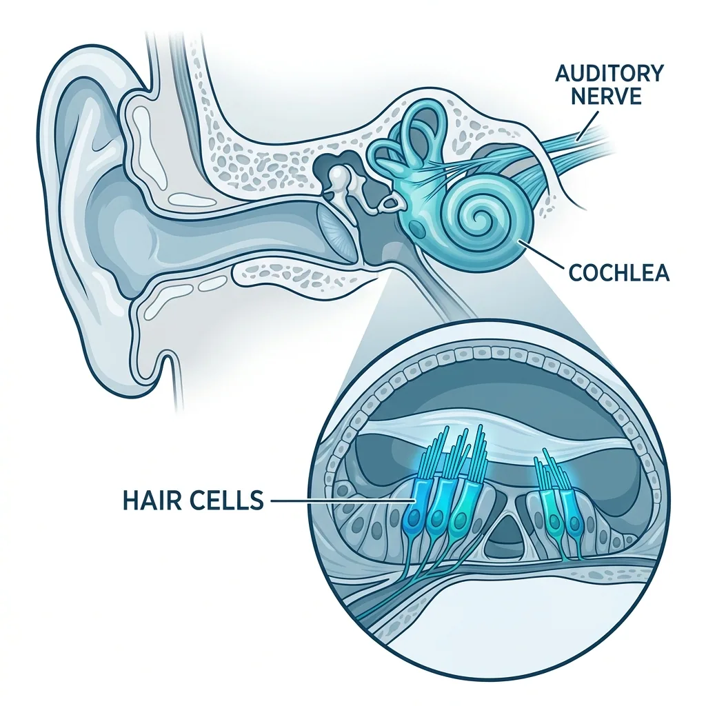 Medical diagram of the cochlea and the hair cells of the inner ear