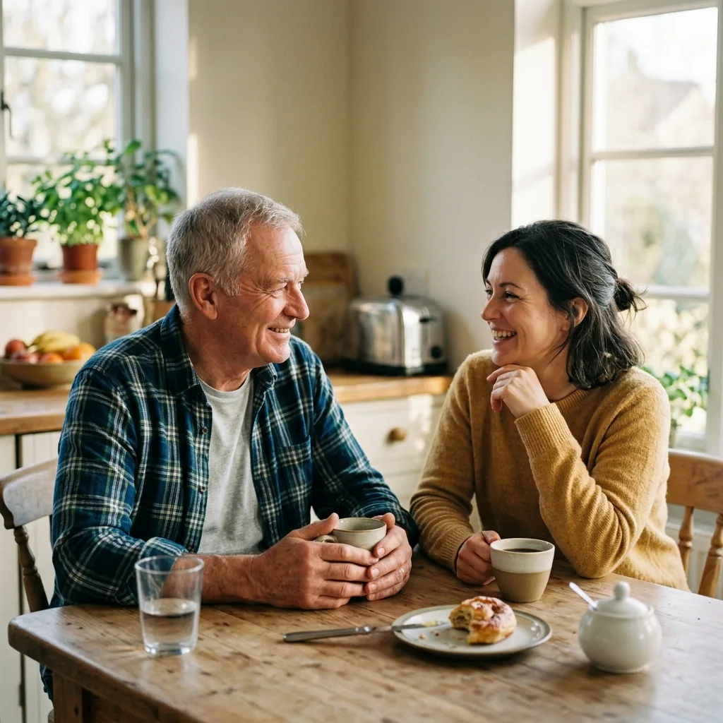 Older man in a relaxed conversation with his family at home
